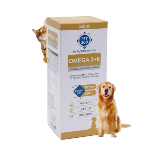 Omega 3+6 Concentrated Salmon Fish Oil for Dogs & Cats with Vitamins & Minerals | Shinier Coat, Itch & Allergy Control | Improves Skin & Hair Health | Nutritional Supplement for Pets - 500 ml
