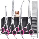Qpets® Dog Grooming Kit 5 Pack, Stainless Steel Dog Trimmer Kit, Pet Grooming Scissors Set with Grooming Comb, Cutting Scissors Thinning Shear Curved Scissors, Grooming Hair for Small Large Dog Cat
