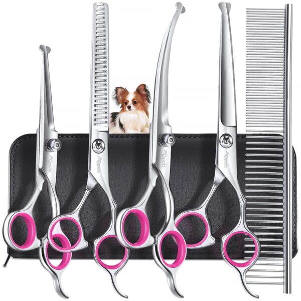 Qpets® Dog Grooming Kit 5 Pack, Stainless Steel Dog Trimmer Kit, Pet Grooming Scissors Set with Grooming Comb, Cutting Scissors Thinning Shear Curved Scissors, Grooming Hair for Small Large Dog Cat