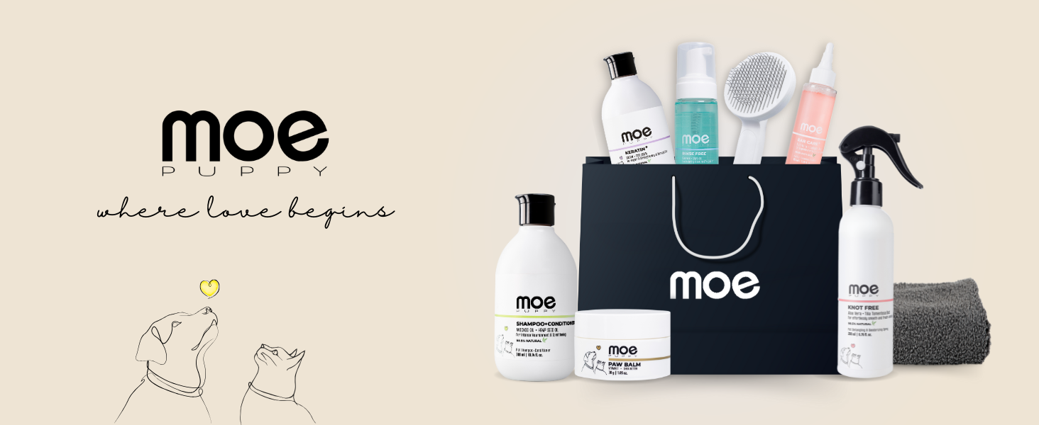 Moe all different types of product with moe bag with dog and cat, where love begin, pet products