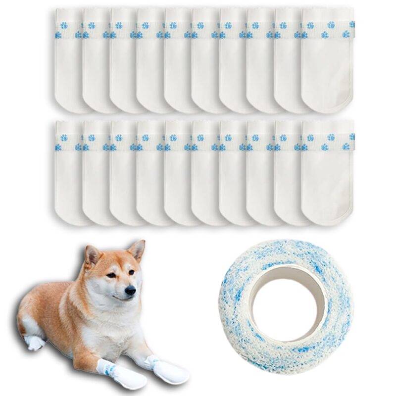 20Pcs Disposable Pets Shoes Foot Cover with Adhesive Tapes for Dog Walking Outdoor Waterproof Protector (Suitable for Less 12Kg)