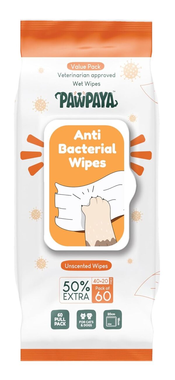 Antibacterial Wipes for Dogs & Cats – Alcohol-Free Pet Cleaning Wipes, Unscented Vet-Approved Formula, Removes Dirt, Odour & Germs, Gentle Daily Care for Paws, Fur & Face, 60 Pulls