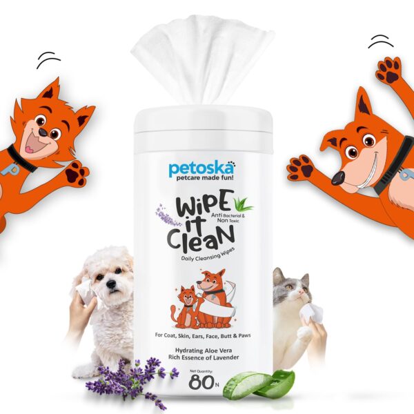 PETOSKA Wipe it Clean 80 N | Pet Wipes for Dogs, Cats & All Pets | Aloe Vera & Fresh Lavender | Dry Bath, Ear & Paw | Wet Wipes for Cleaning & Deodorizing | Hygiene Cleaning Essentials, 15 x 20 cm