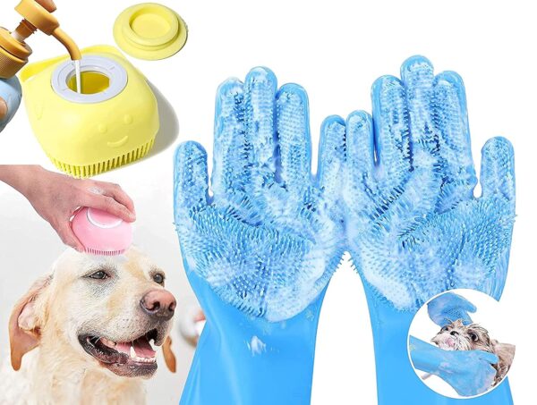 Pack Of 2 Dog Cats Pet Grrooming Silicon Shampoo Dispenser Brush With 1 Pair Bathing Gloves Soft Bristle For Soothing Scrubber Massage Shower Use Clean Loose Hair Fur For Dogs Pets