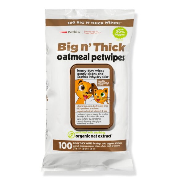 Petkin Pet Wipes for Dogs and Cats, 100 Wipes (Large) - Oatmeal Pet Wipes for Dogs and Cats - Soothes Itchy Dry Skin and Cleans Ears, Face, Butt, Body and Eye Area - Idea for Home and Travel